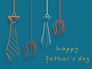 Sticker -  Happy Father's Day Greeting card and Poster with Doodle Style Hanging Gift Box and Necktie.