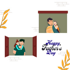 Wall Mural - Happy Father's Day greeting card, two images of dad with baby on png background.