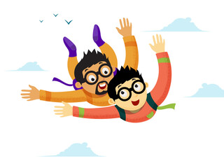 Sticker - Happy Father's Day Greeting Card Design, Cartoon Dad with His Son Flying Together in Sky.