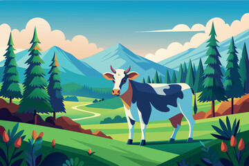 A cartoon cow stands in a verdant meadow with mountains in the background