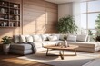 © Creative - Interior of modern living room with wooden walls, wooden floor, comfortable white sofa and coffee table. 3d render