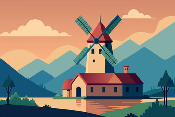 A realistic painting depicting a traditional windmill next to a charming house in a rural setting