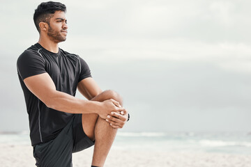 Poster - Beach, balance or man stretching legs with fitness for body flexibility, thinking or wellness in running practice. Sea, sky or sports athlete ready for workout, mobility training or exercise warm up