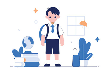 Cartoon boy with a backpack stands by books and a globe, ready for school