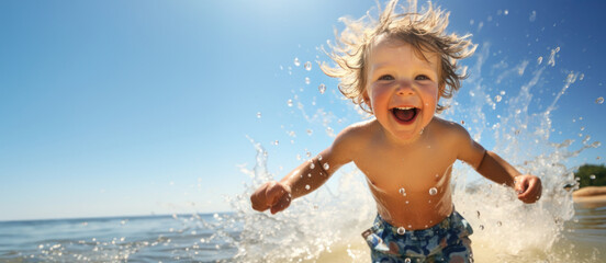 Image capturing a joyful child running through water on a sunny beach, filled with excitement and happiness, perfect for family holiday themes