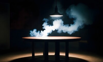 Poster - Empty wooden table with smoke floating up on a dark background Empty Space for displaying your products