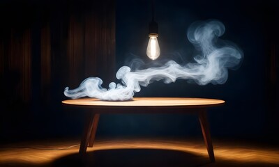 Poster - Empty wooden table with smoke floating up on a dark background Empty Space for displaying your products