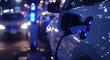 A closeup of an electric vehicle charging port with blue LED lights, showcasing the energy flow from its cable into a white SUV parked in front of other vehicles at night.
