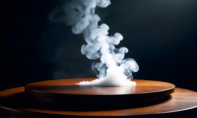 Poster - Empty wooden table with smoke floating up on a dark background Empty Space for displaying your products