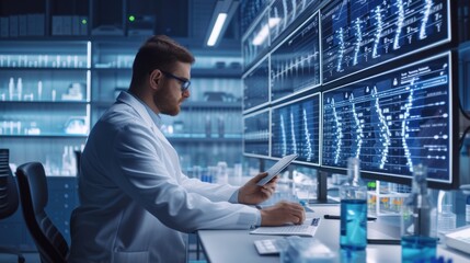 Professional scientist looking patient data chart while analyzing data. Skilled smart medical researcher using technology innovation or AI to connect with data while monitoring patient symptom. AIG42.