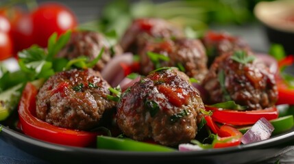 Wall Mural - baked meatballs with vegetables and sauce on plate