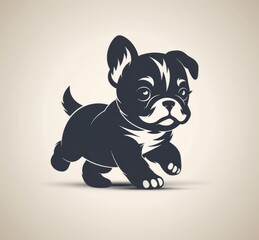 Wall Mural - Black silhouette of running cute puppy icon on white background, simple and clean logo design, flat illustration style