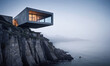 square building is perched on a rocky cliff above the fog ocean