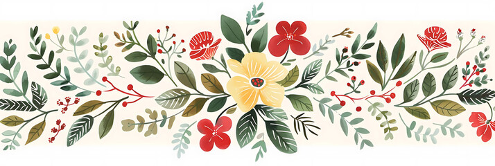 Wall Mural - hand drawn botanical borders featuring red, yellow, and green flowers and leaves