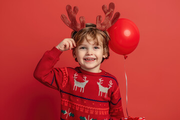 Wall Mural - A cute little boy wearing reindeer antlers on his head, holding up the nose with one hand and carrying gifts in the other, wearing a red Christmas sweater with a deer pattern