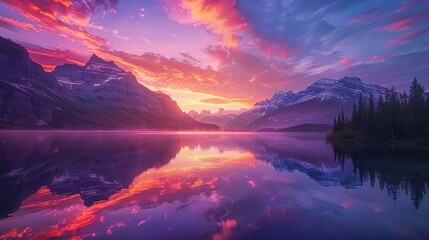 Wall Mural - Beautiful colorful sunset over St. Mary Lake and wild goose island in Glacier national park