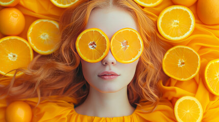 Woman with long red hair and orange slices on her eyes