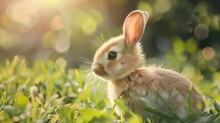 Cute little bunny in grass with ears up looking away 