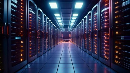 Poster -  data center filled with rows of servers and network equipment,