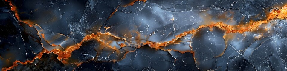 Poster - Dramatic Black Marble Textured Abstract Background with Orange Cracks and Fractures in Moody Industrial Aesthetic
