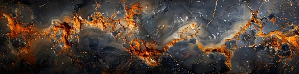 Wall Mural - Dramatic Black Marble Textured Abstract Background with Fiery Fractal Patterns and Swirling Energy