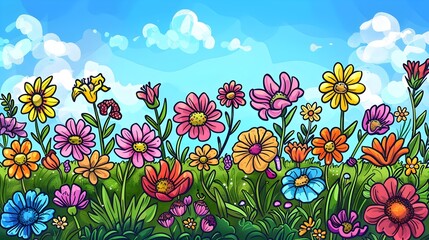 Wall Mural - Colorful Floral Garden with Blooming Flowers under Bright Blue Sky and Puffy White Clouds in Idyllic Pastoral Landscape