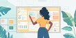 Thoughtful businesswoman in casual clothes standing with hand on hip and looking at the board with graphs and sticky notes. Planning and strategy concept. Vector illustration.