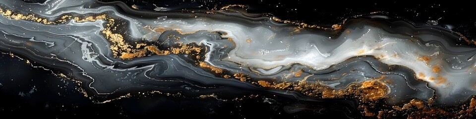 Leinwandbilder - Black and Gold Marble Swirling Texture with Glimmering Fractal Patterns for Luxury Background Design