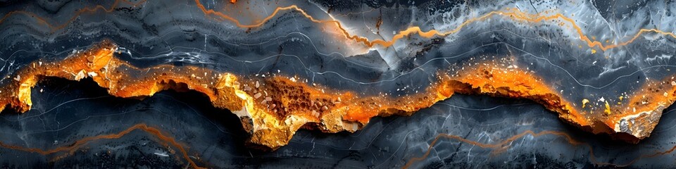 Fototapete - Dramatic Black Marble Texture with Fiery Glowing Patterns and Swirling Shimmering Designs