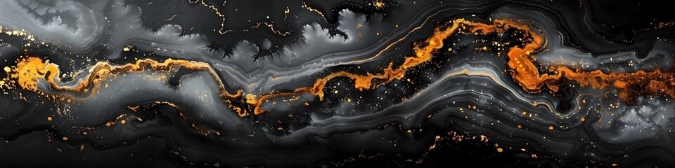 Poster - Captivating Marble Masterpiece:Dramatic Black and Gold Abstract Texture with Flowing Waves and Glow