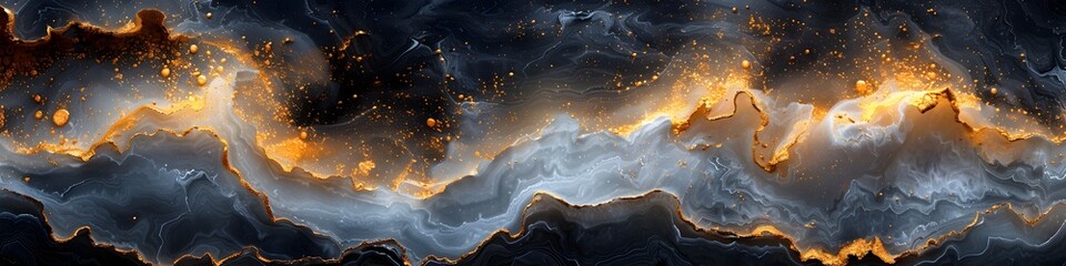 Poster - Mesmerizing Black Marble Texture with Fiery Cosmic Swirls and Flowing Molten Patterns Capturing the Beauty of Natural Stone and Dramatic Atmospheric