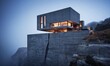 modern house is perched on a cliff, with a large concrete structure on the side of a mountain. The house is lit up from the inside, casting a warm glow on the exterior.