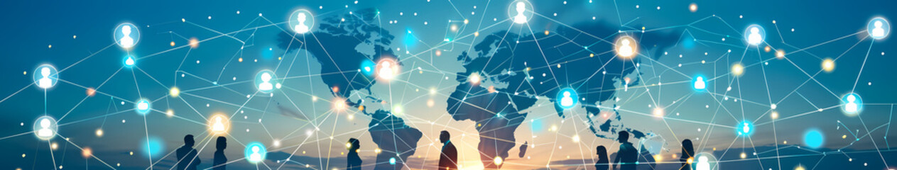 Wall Mural - Global network community, offshore or remote work around the world, social media or work networking, connect or link people together concept, business people connect with line around global world. --a