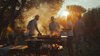 Group of friends enjoying a sunset barbecue in a lush garden, with smoke rising from the grill filled with food