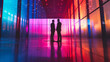 Two businessmen silhouette in a futuristic office corridor with vibrant neon lights reflecting on the glossy floor