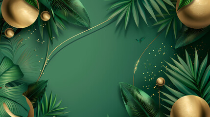 Luxury green summer background and wallpaper vector with golden metallic decorate wall art