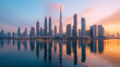 Stunning view of Dubai's skyline reflected in the calm waters at sunrise, showcasing iconic skyscrapers under a colorful sky