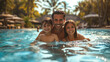 Joyful family enjoying a sunny day in a pool, with a tropical resort background, showcasing happy moments together