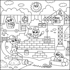 Wall Mural - Vector black and white construction site landscape illustration. Line scene with kid workers building a brick house. Square background or coloring page with funny builders, lifting crane, vehicles.