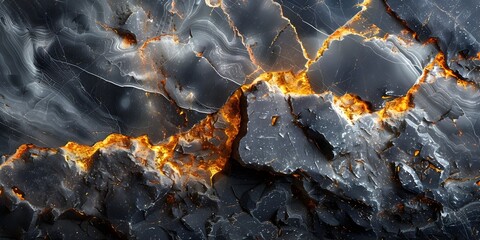 Poster - Dramatic Black Marble Texture with Golden Cracks and Fiery Molten Eruptions,Powerful and Chaotic Abstract Geologic Background for Premium Design
