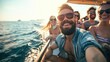 © Borin - A group of friends riding on a party boat on a sunny day.