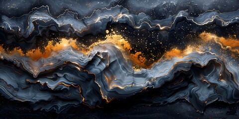 Leinwandbilder - Captivating Black Marble Backdrop with Fiery Orange Accents and Dynamic Swirling Patterns