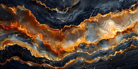 Leinwandbilder - Black Marble Texture with Fiery Molten Swirls and Dramatic Geological Patterns