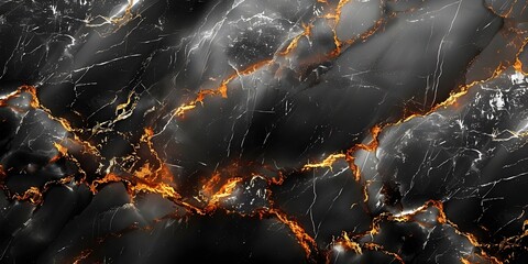 Aufkleber - Dramatic Black Marble Textured Background with Intense Fiery Orange Veins and Fractal Patterns for Premium Luxury Designs