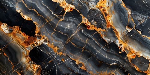 Poster - Dramatic Black Marble Texture with Intricate Orange Veins and Fractured Patterns,Showcasing the Beauty of Natural Mineral Formations