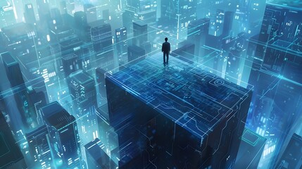 Wall Mural - Futuristic City Skyline at Night with Towering Skyscrapers Glowing Grids and Misty Atmosphere Reflecting an Innovative High Tech Landscape