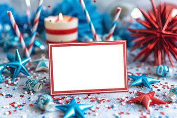 Table decoration for Memorial, Independence Day with stars and stripes and mockup for greeting card