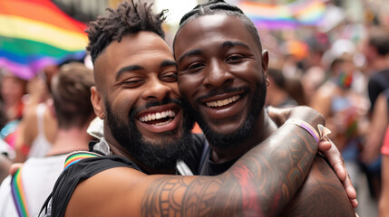 cheerful friends gay men at the pride parade, lgbtq community