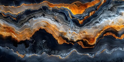 Leinwandbilder - Mesmerizing Black Marble Background with Dramatic Orange and Gray Swirling Patterns and Intricate Veining