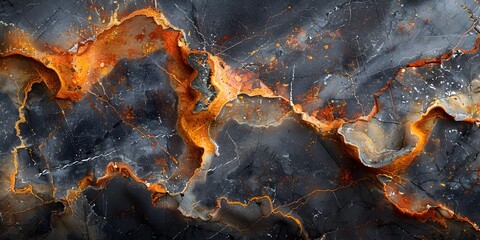 Leinwandbilder - Fiery Geological Formations in Black Marble Backdrop - Dynamic Natural Patterns and Textures in Dramatic Earthy Tones